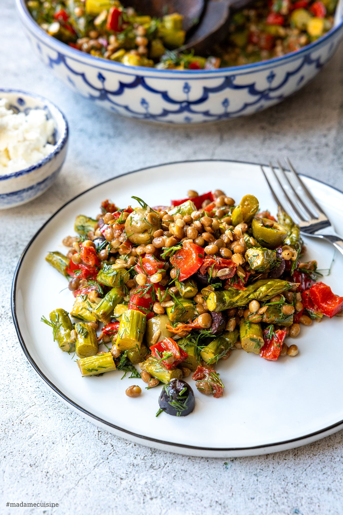 Linsensalat mit geröstetem Spargel, getrockneten Tomaten und Oliven auf weißem Teller