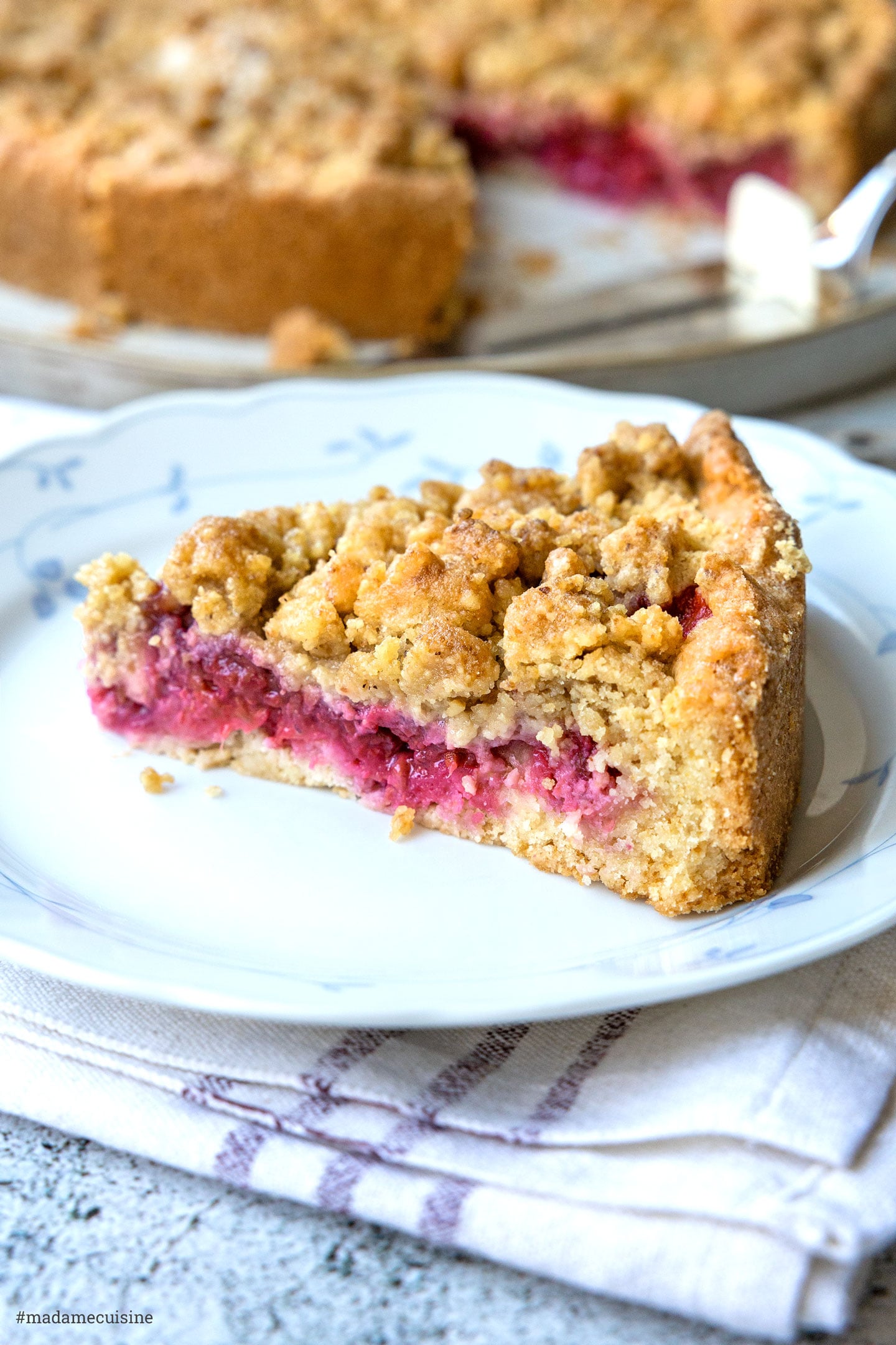 Nahaufnahme eines Stücks Johannisbeer-Streuselkuchen mit saftiger Fruchtfüllung