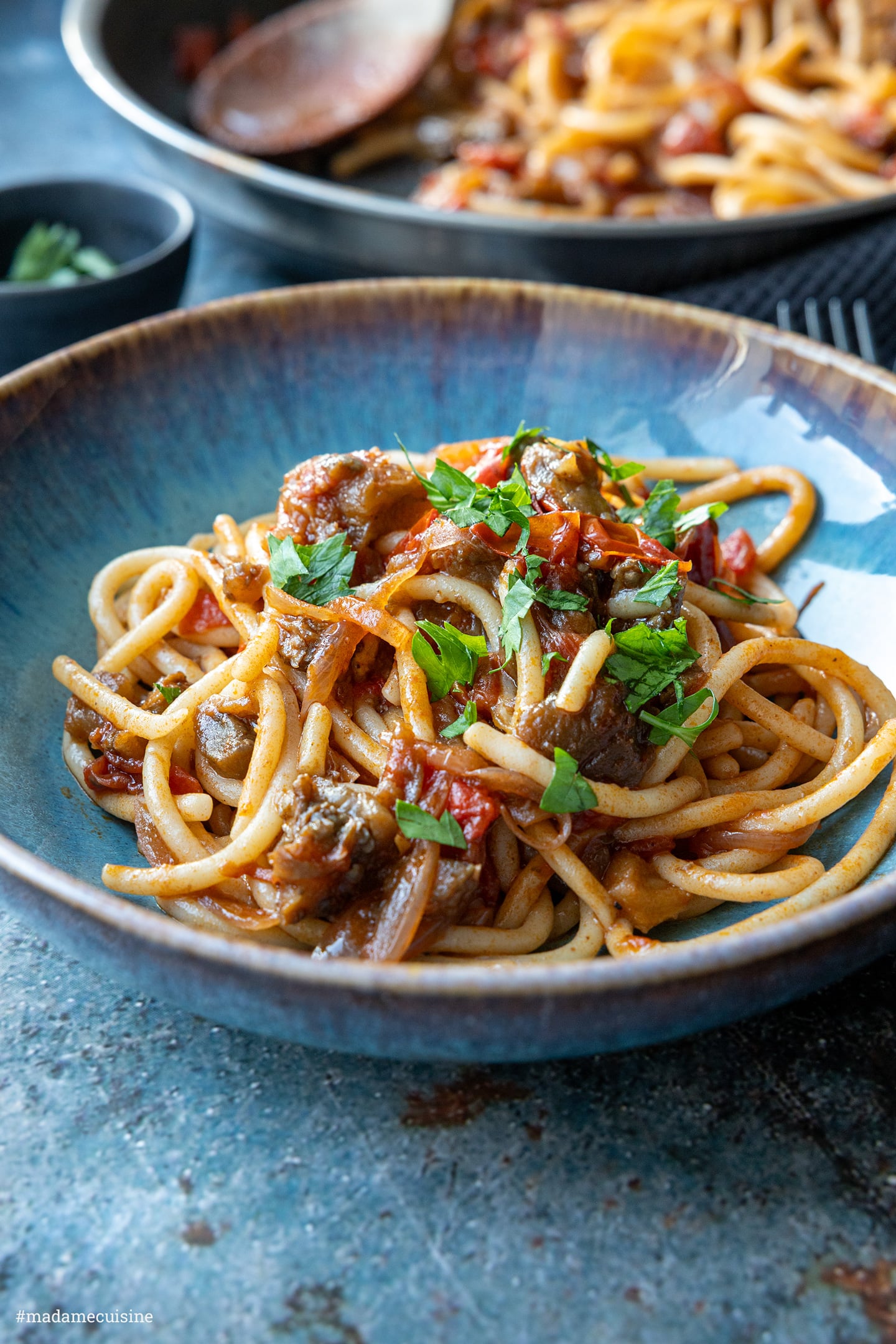 Nahaufnahme Pici mit geschmorten Auberginen, Tomaten und frischer Petersilie