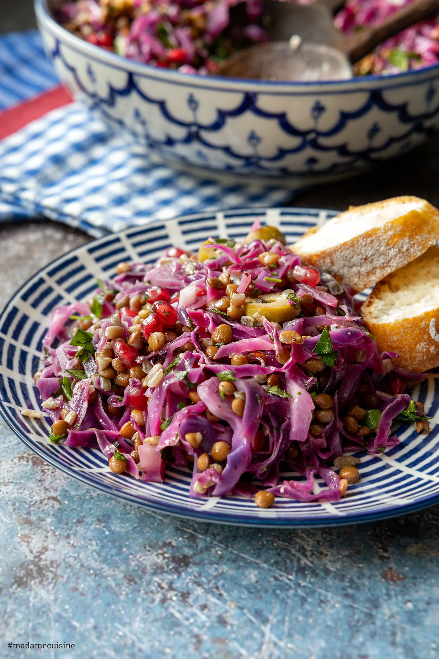 Rotkohl, braune Linsen und Granatapfelkerne in der Nahaufnahme, dazu zwei Scheiben Baguette
